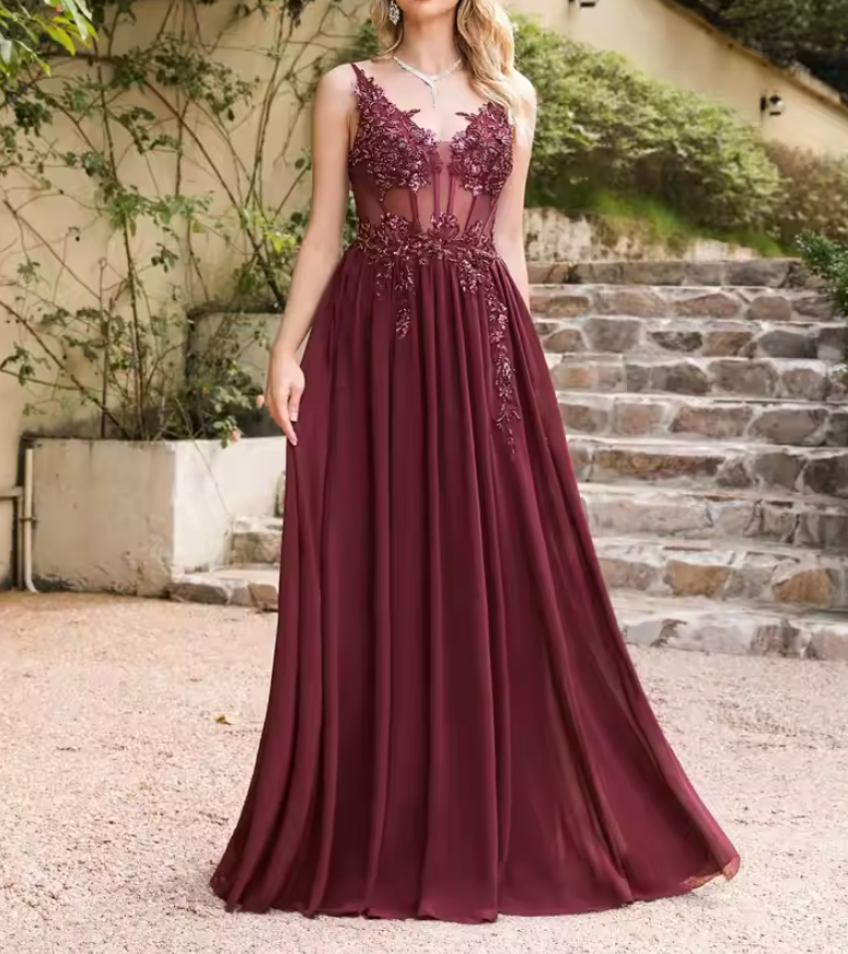 Burgundy applique prom gown with sheer bodice, floral lace detailing, and flowy floor-length skirt – Maison Swan