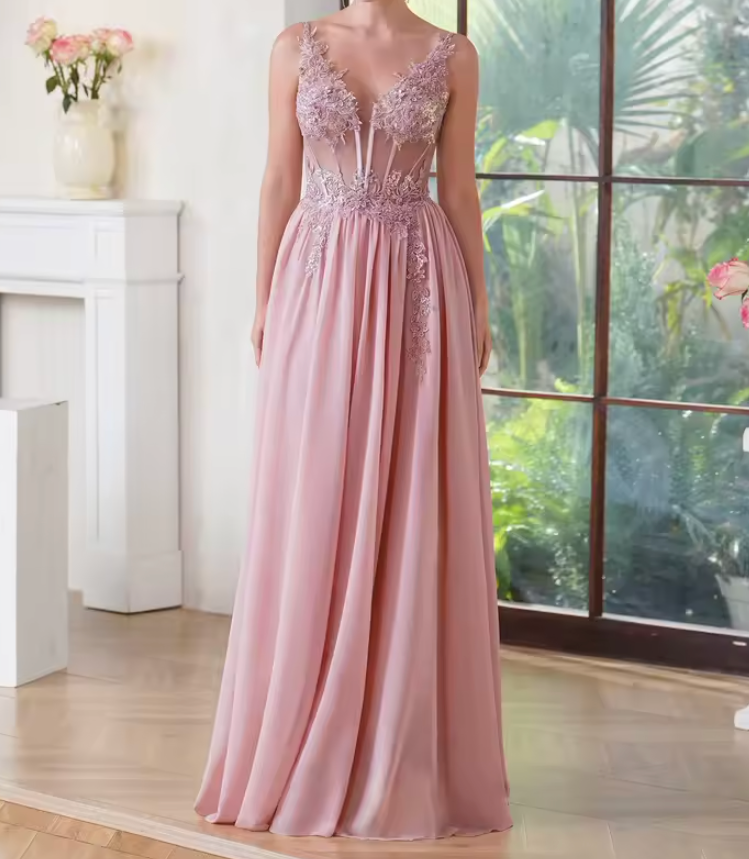 Light Pink applique prom gown with sheer bodice, floral lace detailing, and flowy floor-length skirt – Maison Swan