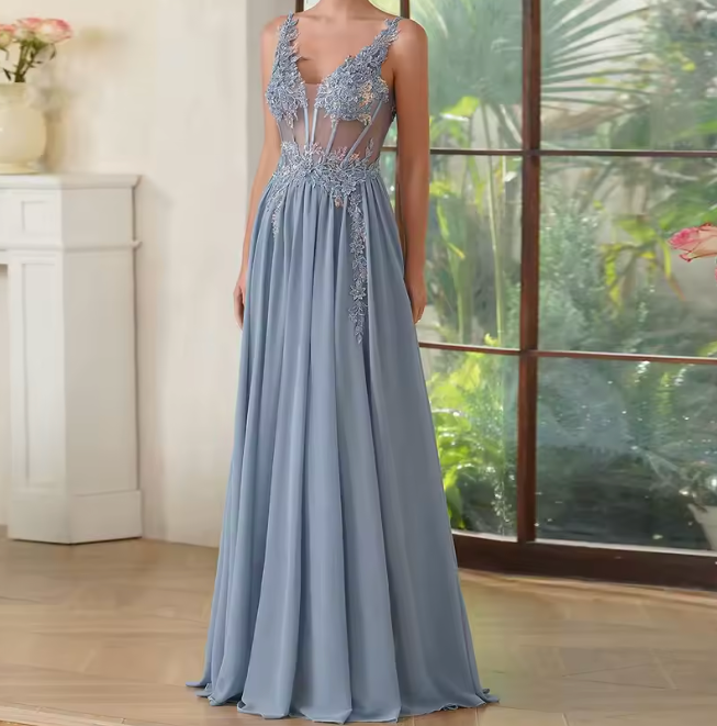 Light blue applique prom gown with sheer bodice, floral lace detailing, and flowy floor-length skirt – Maison Swan