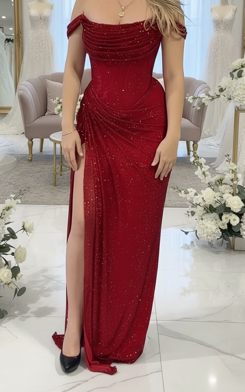 Red off the shoulder glitter prom gown with ruched waist detailing and high thigh slit – Maison Swan