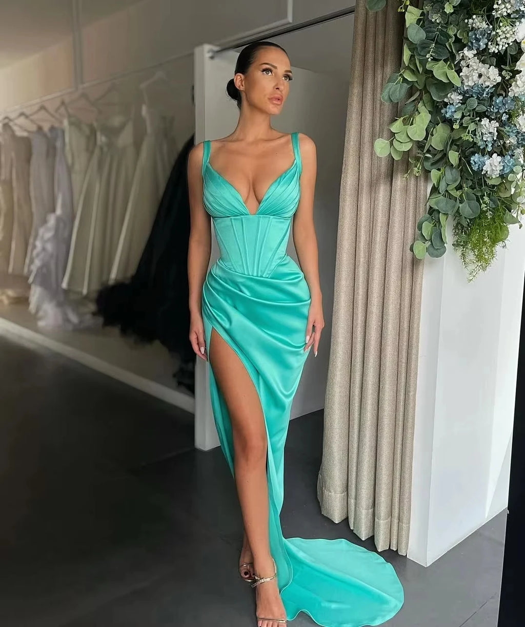 Teal V-Neck Mermaid Gown