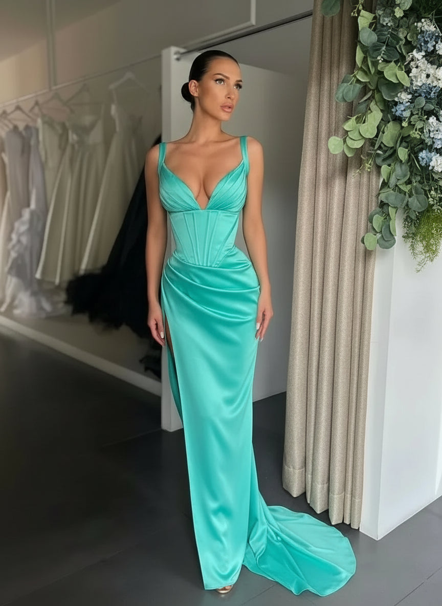 Teal V-Neck Mermaid Gown